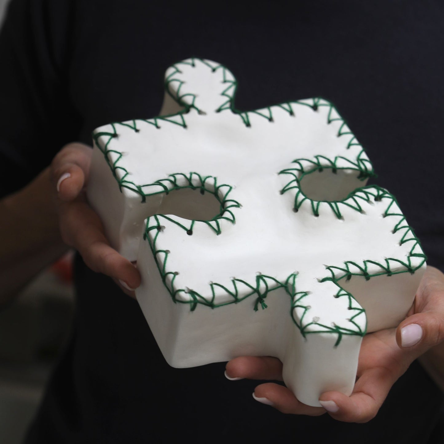 Threaded Memories: Handcrafted Natural White Ceramic Puzzle Sculpture