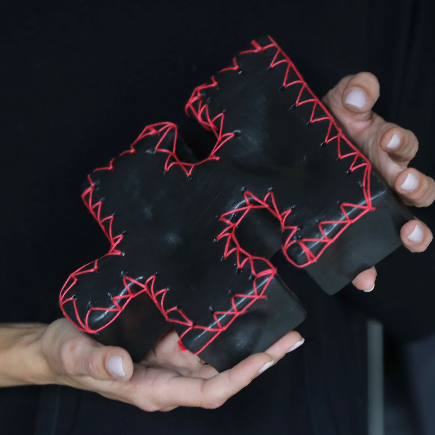 Mat Black Ceramic Puzzle with Fiery Red Embroidery