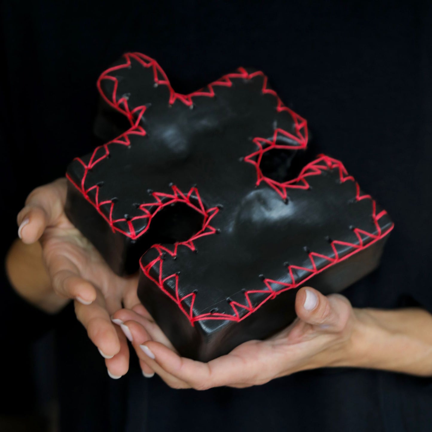 Mat Black Ceramic Puzzle with Fiery Red Embroidery